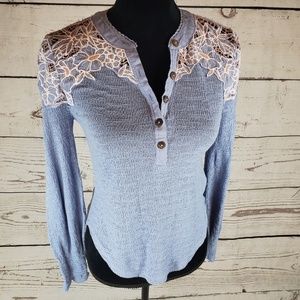 Free People Thermal Waffle Knit Henley Embroidered Lavender Blue Coquette